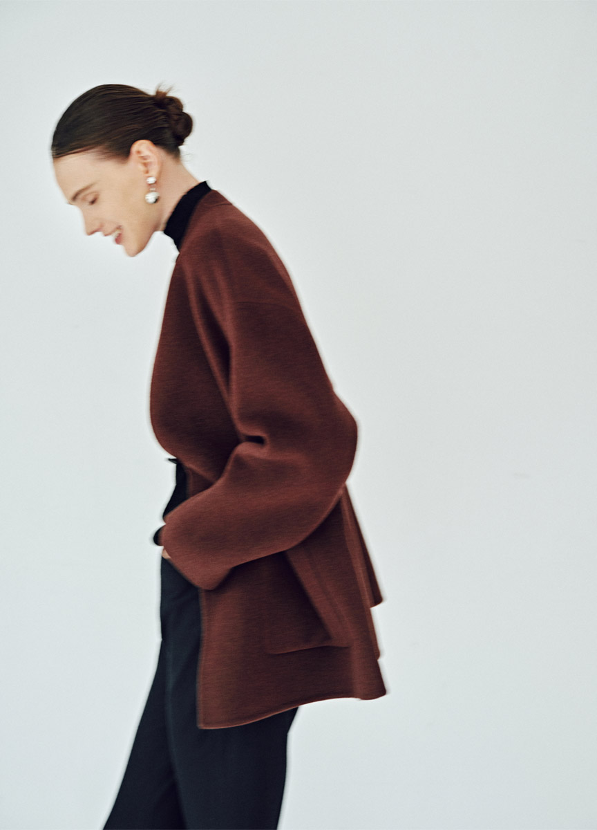 質感混羊絨無領口袋短大衣